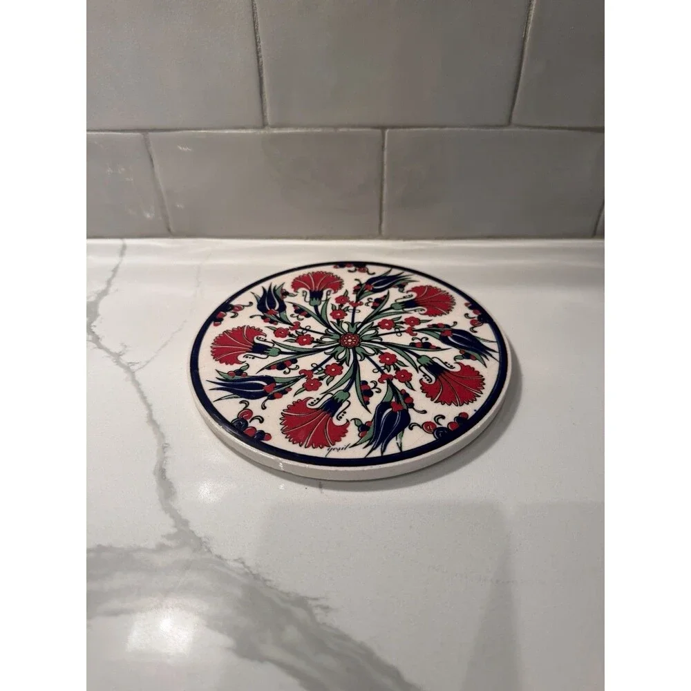 Turkish Ceramic Trivet Hot Pad Red Tulip Floral Design 6.25